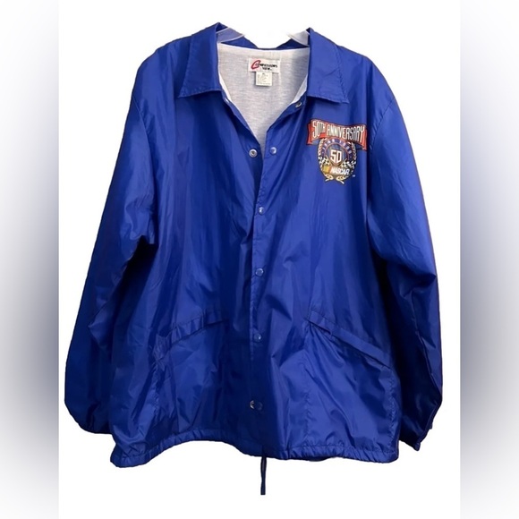 Vintage 1998 NASCAR 50th Anniversary Mens Blue Button Up Nylon Windbreaker XL - Picture 1 of 7